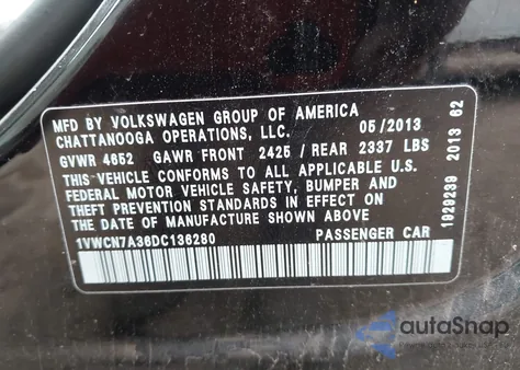 2013 Volkswagen Passat 2.0L Tdi Sel Premium z USA, uszkodzony, nr VIN 1VWCN7A36DC136280